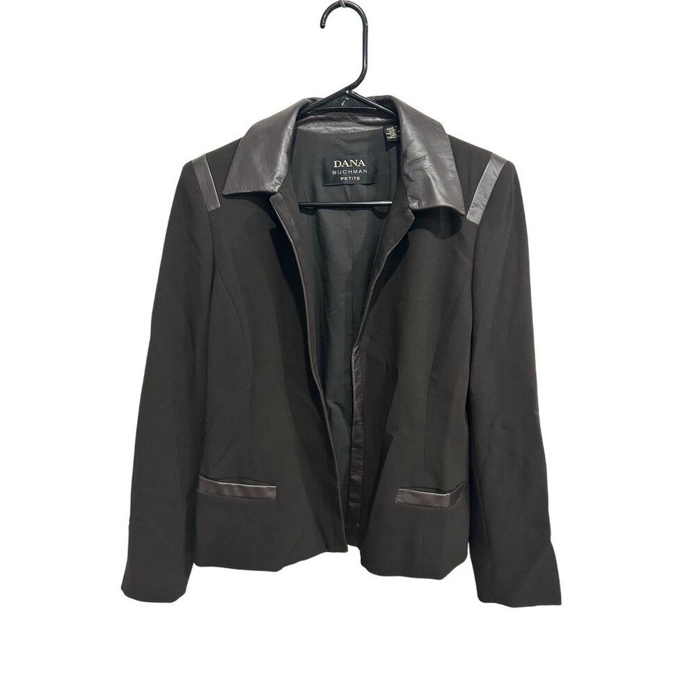 Dana Buchman Leather Trim Open Front Black Blazer Size 4 Petite Modern Edgy